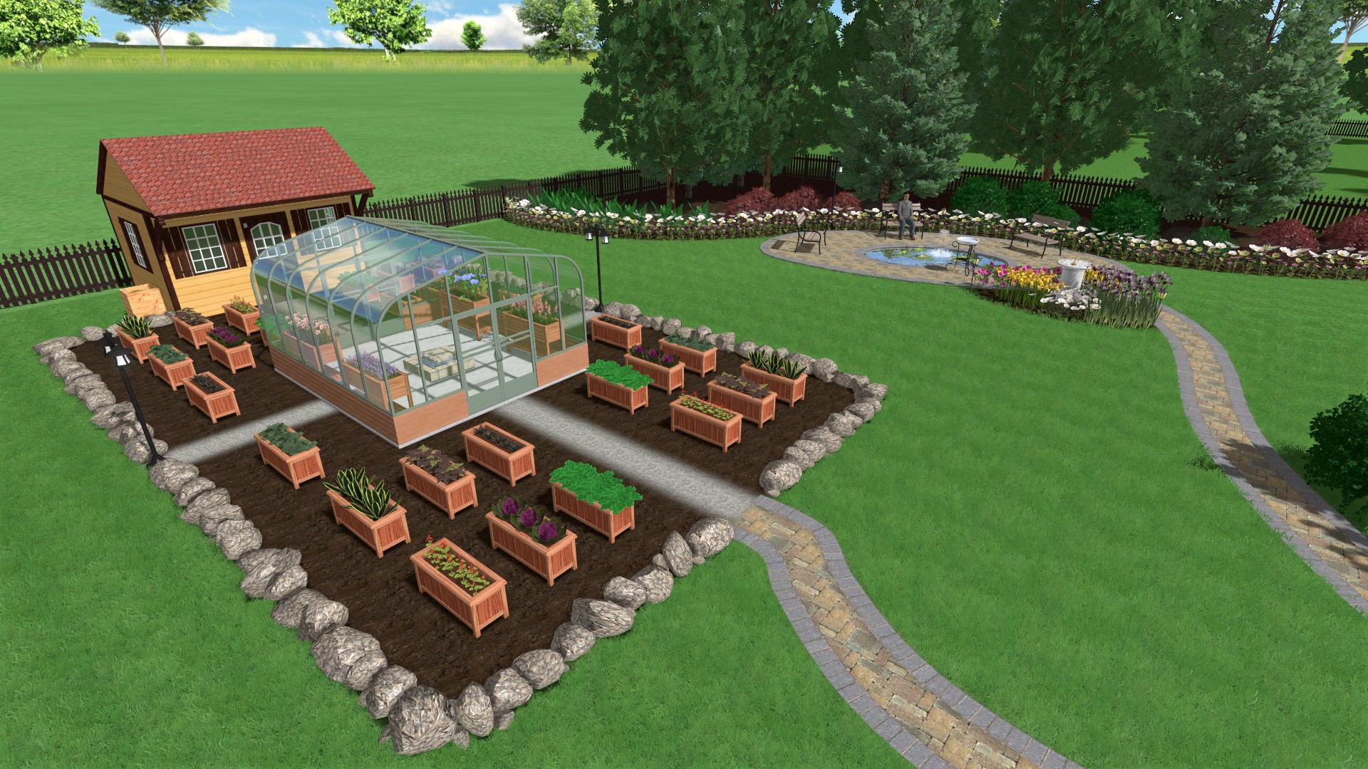 Sample landscape design with greenhouse